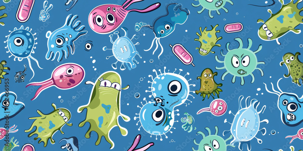 Seamless cartoon bacteria and germs on a blue background. Seamless cartoon bacteria and germs on a blue background.