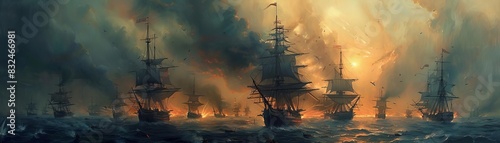 Dramatic maritime battle scene with warships engulfed in smoke and flames on the turbulent sea during sunset.