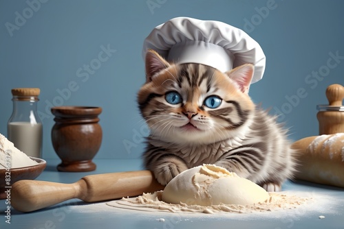 Professional chef, cute cat in a chef's hat kneads dough for bread