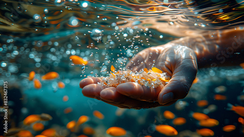 A hand is holding a handful of fish in a body of water
