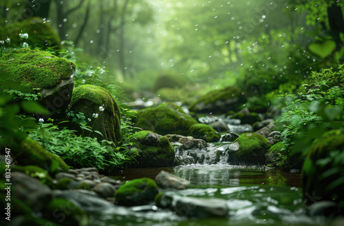 A serene forest scene with flowing water and moss-covered rocks, showcasing the beauty of nature's greenery.