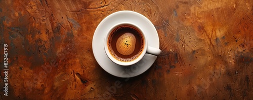 A cup of espresso with a dark brown background, intense and aromatic photo