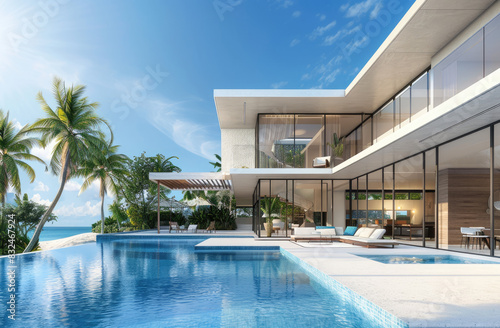 A luxurious modern villa with an outdoor pool and garden, showcasing the interior design of one bedroom.