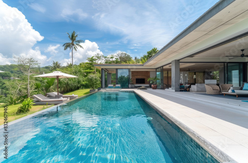 A luxurious modern villa with an outdoor pool and garden  showcasing the interior design of one bedroom.