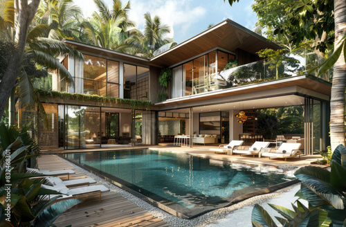 A luxurious modern villa with an outdoor pool and garden, showcasing the interior design of one bedroom. © Kien