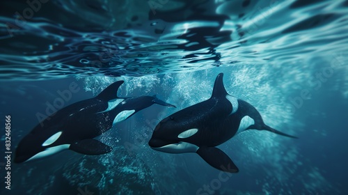 realistic orcas, swimming through churning, ocean. North sea colours atmospheric and just glimpses of the Orcas photo