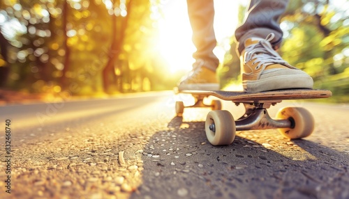 Skateboarder s shoes close up  style and control in trick, summer olympics sport concept photo