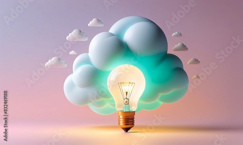 Light bulb with pastel cloud against pastel background, 3D illustration, creative thinking, bright idea concept