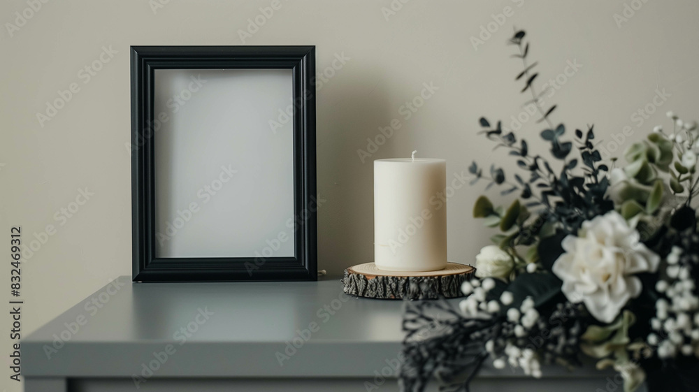 memorial setup featuring a black-ribboned photo frame, a candle on a light grey table, and a wreath of plastic flowers against the wall