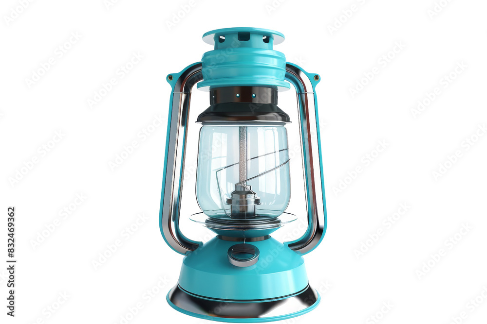 A blue lantern with a silver handle sits on a white background, Hiking & Trekking Equipment, 3D style and isolated on a transparent background. A blue lantern with a silver handle sits on a white background, Hiking & Trekking Equipment, 3D style and isolated on a transparent background.