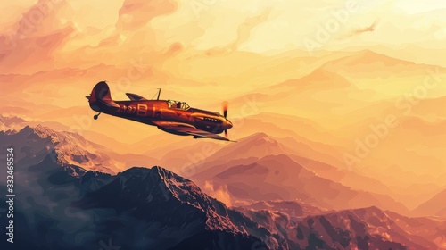 Vintage airplane soaring over majestic mountains during sunset, exhibiting the beauty and adventure of aviation and nature. photo