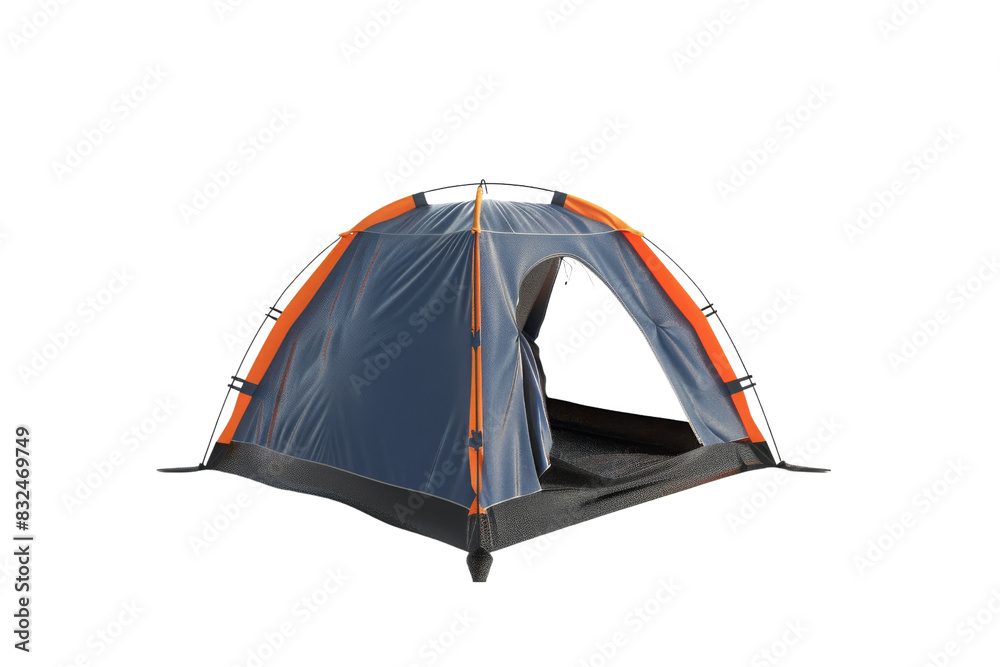 A blue and orange tent is sitting on a white background, Hiking & Trekking Equipment, 3D style and isolated on a transparent background. A blue and orange tent is sitting on a white background, Hiking & Trekking Equipment, 3D style and isolated on a transparent background.
