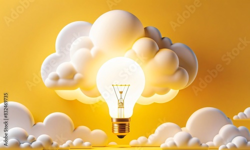 Light bulb floating in the white cloud, on yellow background, bright light, 3D illustration, creativity idea concept