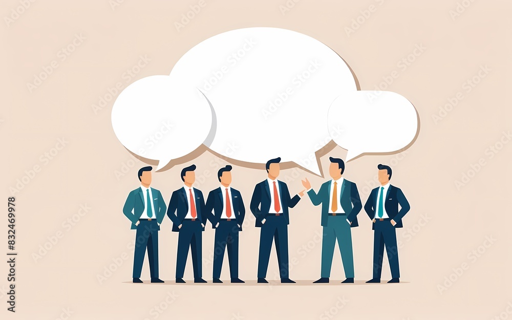 Businessmen team wearing suits with speech bubble above head, on a neutral background, business comunication, teamwork, success concept Businessmen team wearing suits with speech bubble above head, on a neutral background, business comunication, teamwork, success concept
