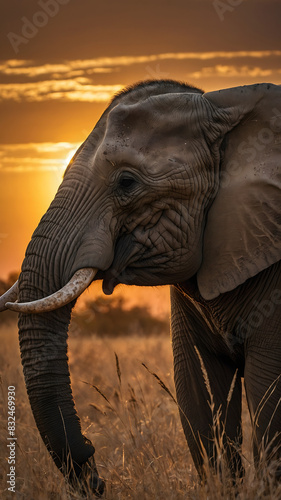 At sunset  a peaceful elephant silhouette wanders through the grassy landscape.