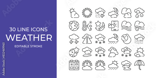 Weather icon set illustration vector editable stroke. celcius, cloud, rainy, and more