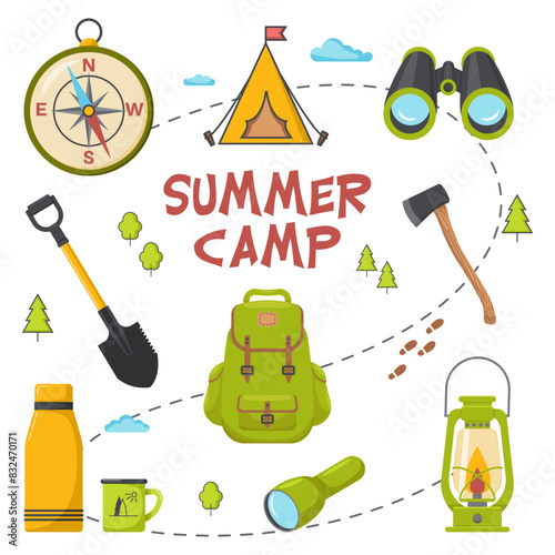 Summer camp elements. Camping and Travelling on holiday with different equipment such as tent, backpack, axe, binoculars, kerosene lamp, flashlight. Poster in flat style