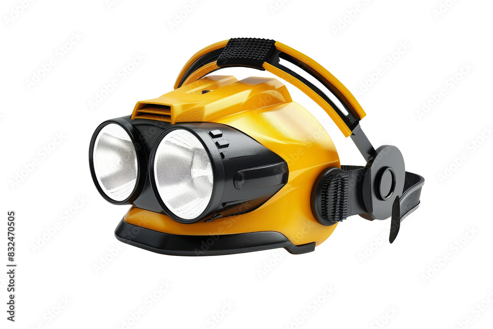 A yellow and black headlamp with two lights, Hiking & Trekking Equipment, 3D style and isolated on a transparent background. A yellow and black headlamp with two lights, Hiking & Trekking Equipment, 3D style and isolated on a transparent background.
