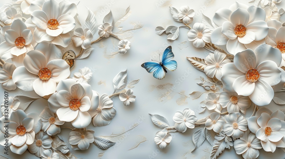 A blue butterfly rests amongst white 3D flowers on a light background.