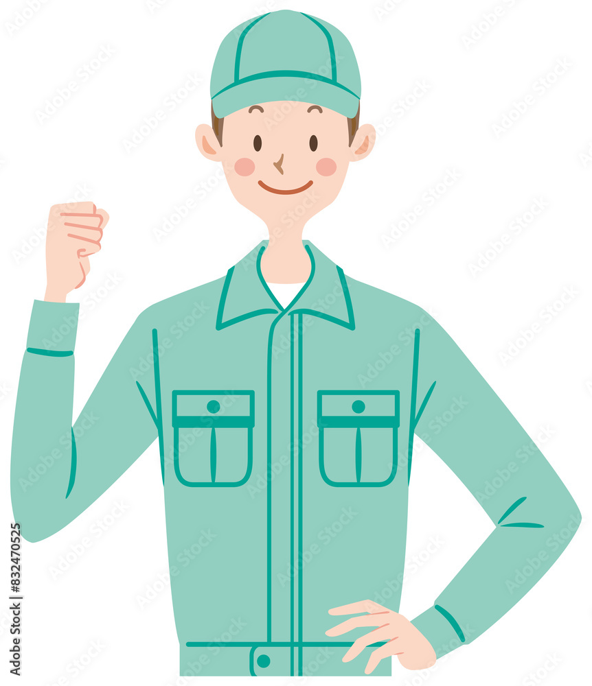 作業服を着てガッツポーズをする男性　作業員