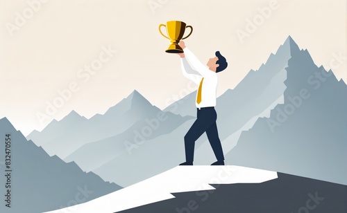 A office worker lifting the golden cup on the mountain, winner, success concept, flat illustration