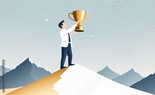 A businessman lifting the golden cup on the mountain, winner, success concept, flat illustration