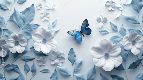 A delicate blue butterfly rests amongst white flowers and blue leaves on a white background.