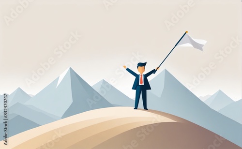 A businessman raising flag on the mountain, winner, success concept, flat illustration