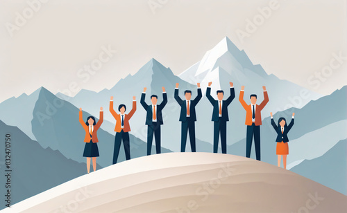Group of office worker hands up on the moutain, winner, success concept, flat illustration