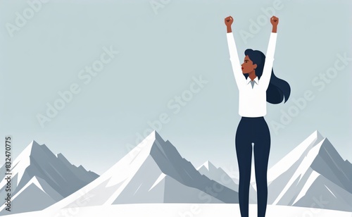 A businesswoman raising two hands on the moutain, winner, success concept, flat illustration