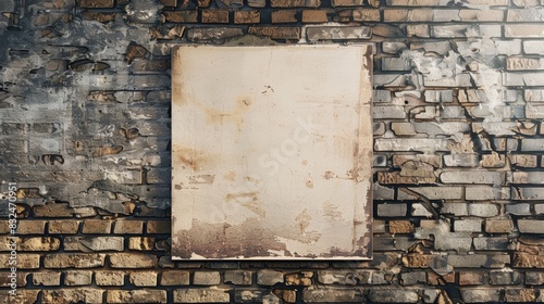 A blank canvas hangs on a weathered brick wall, offering a blank space for your message or design.