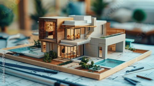 A detailed architectural model of a modern home with a pool, sitting on a table with blueprints. © admin_design