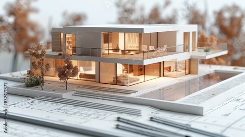 A detailed architectural model of a modern home with a pool, sitting on blueprints.