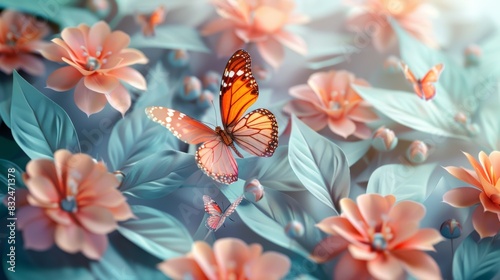 A vibrant butterfly flutters among delicate pink flowers and lush green leaves, bathed in soft sunlight.