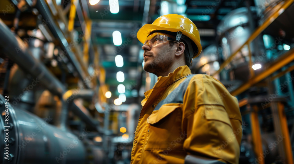 A focused worker in an industrial setting, wearing a yellow hard hat and reflective gear, inspecting machinery with attention.