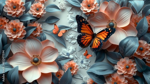 A vibrant monarch butterfly perched on delicate peach blossoms with a soft blue background. photo