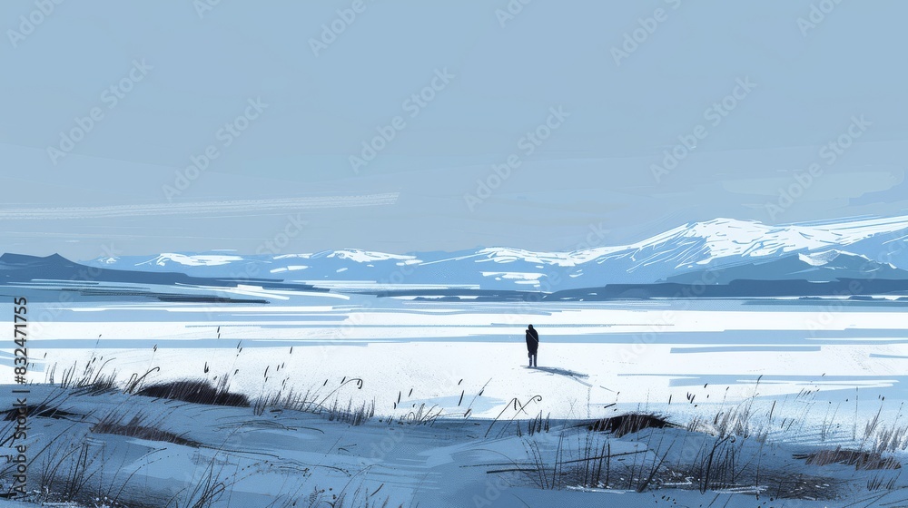 Lonely figure in a snowy mountain landscape for winter themed designs