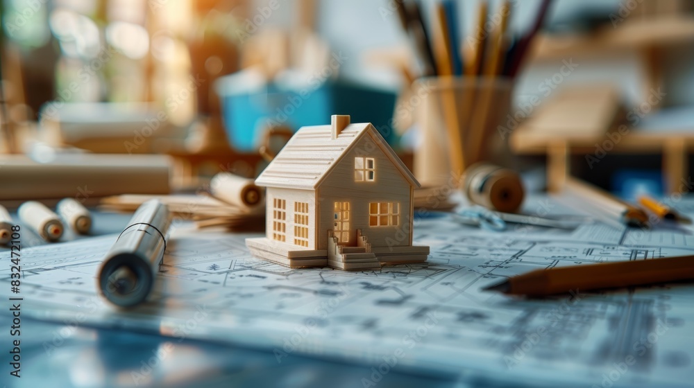 A small wooden house model sits on blueprints, surrounded by pencils, rulers, and other tools. The sun shines through the window. A small wooden house model sits on blueprints, surrounded by pencils, rulers, and other tools. The sun shines through the window.