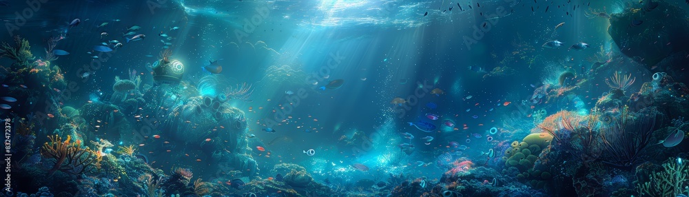 Underwater scene with sunlight filtering through the ocean.