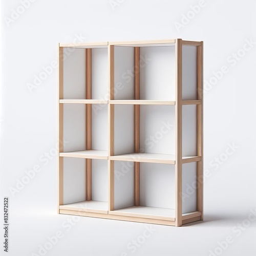 A Scandinavian-inspired IKEA bookshelf with simple white shelves and a natural wood frame. The bookshelf features a minimalist design with clean lines and a sleek appearance. 