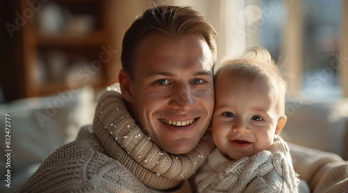 Smiling father and baby bonding in a cozy cafe atmosphere. 