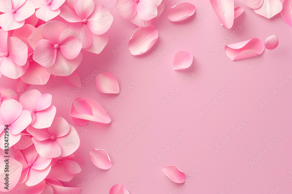 Pink hydrangea flowers on a pink background with copy space for text, in a top view.