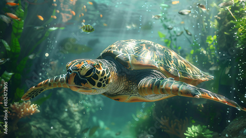 An aquarium scene with a magnificent sea turtle gliding gracefully through the water
