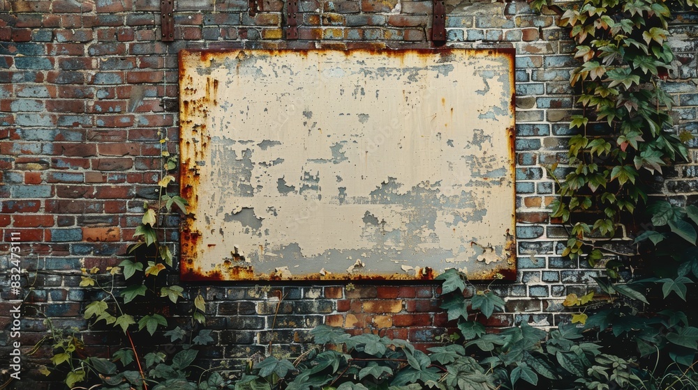 Naklejka premium A weathered metal sign hangs on a brick wall, partially covered in vines. The sign is rusty and peeling, offering a blank canvas for your design.