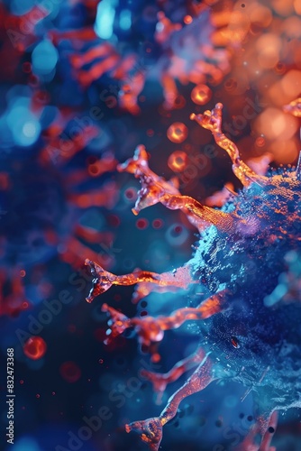 extreme closeup of blue and red corona virus with other blur viruses on background