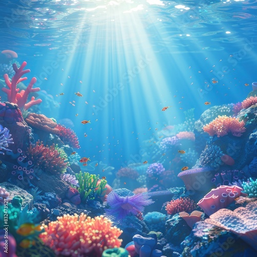 A colorful underwater scene with many different types of coral and fish. Scene is bright and lively, with the sun shining down on the ocean and the vibrant colors of the coral and fish © MSTSANTA