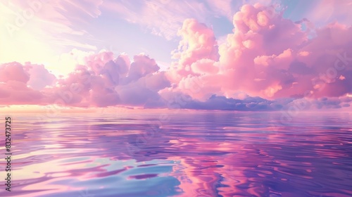 A beautiful sky with pink and purple clouds, reflecting on the calm sea surfac