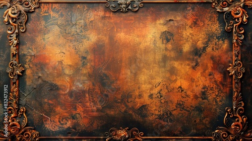 Abstract painting with warm colors and a textured, aged look in an ornate frame. photo