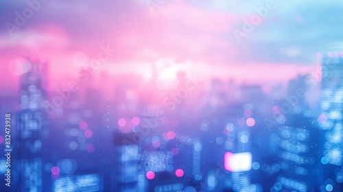 Blurred cityscape at dusk with pink and blue sky. Abstract urban background. City lights. Dreamy urban scene. Soft focus city skyline.