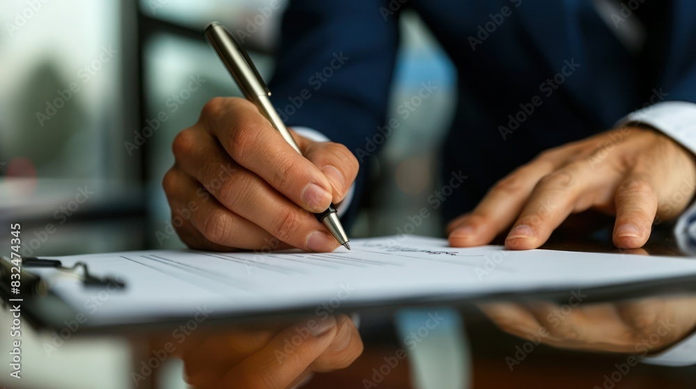 latin woman signing documents in modern office in front of a man in a suit, advertising photo. latin woman signing documents in modern office in front of a man in a suit, advertising photo.